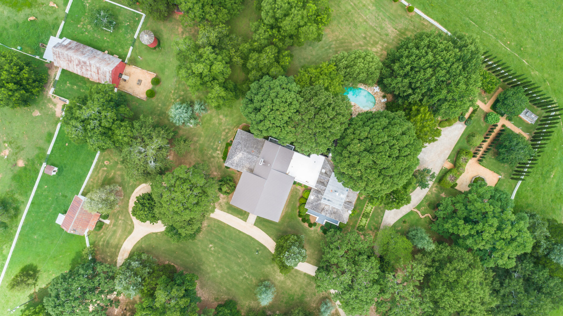 Aerial view of farmstead, property, events venue at Serenata Farm in Madison, GA