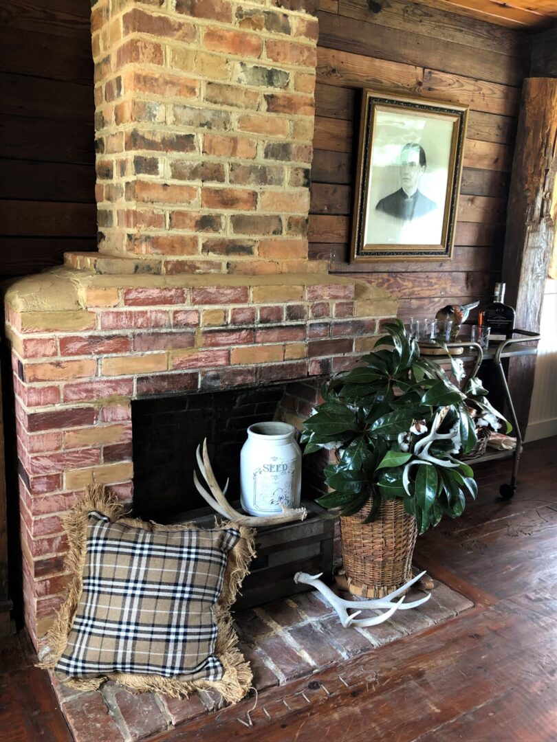 Rustic fireplace at Serenata Farm in Madison, GA